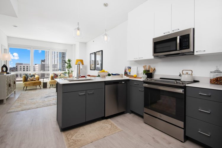 Kitchen with stainless steel appliances at The Couture in Milwaukee, Wisconsin